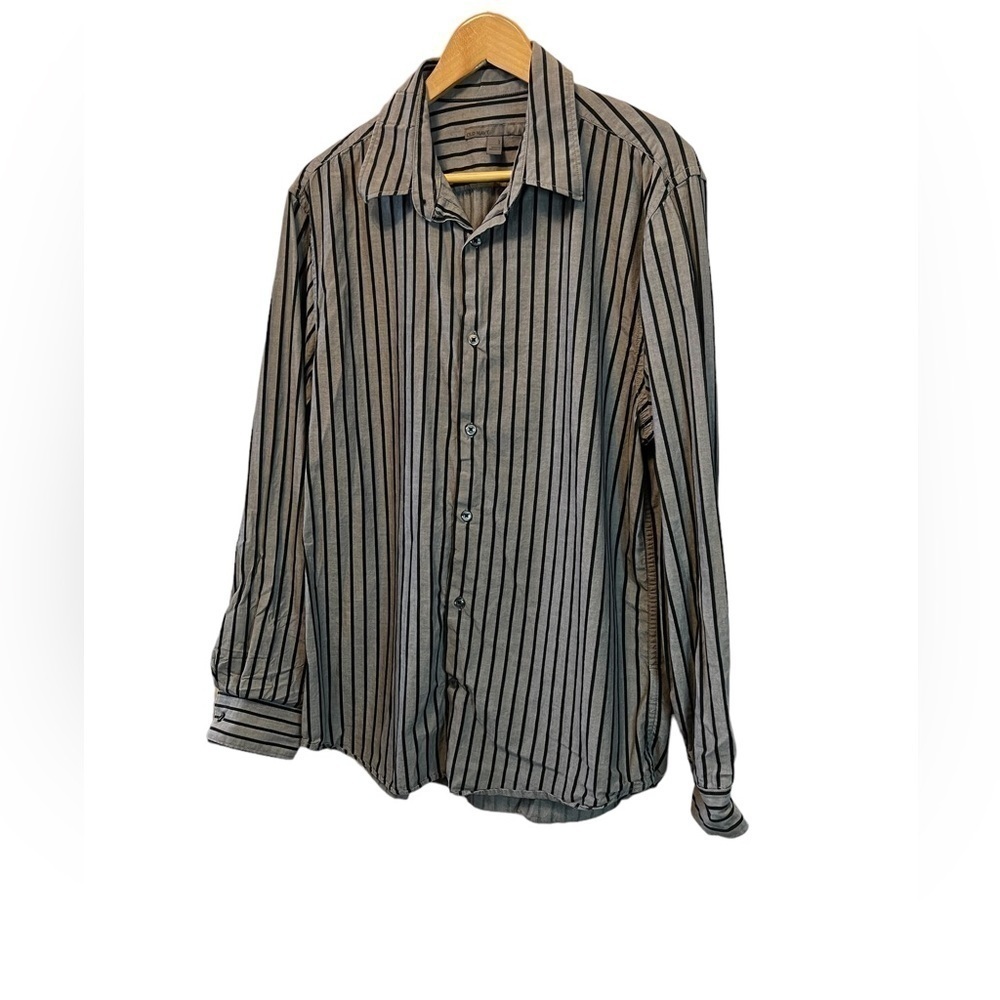 MENS OLD NAVY Grey & Black Vertical Striped Button Up Collared Dress Shirt L